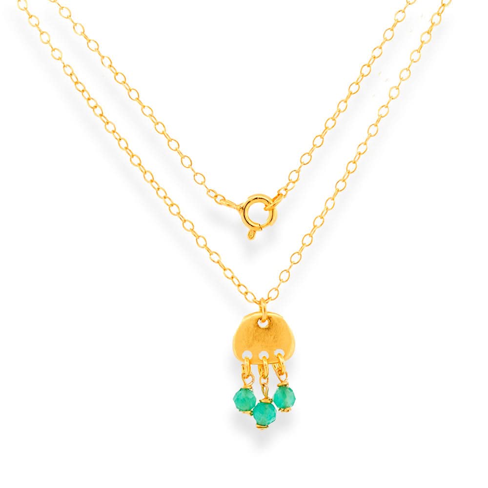 Handmade Short Gold Plated Silver Chain Necklace With Aqua Cat's Eyes - Anthos Crafts