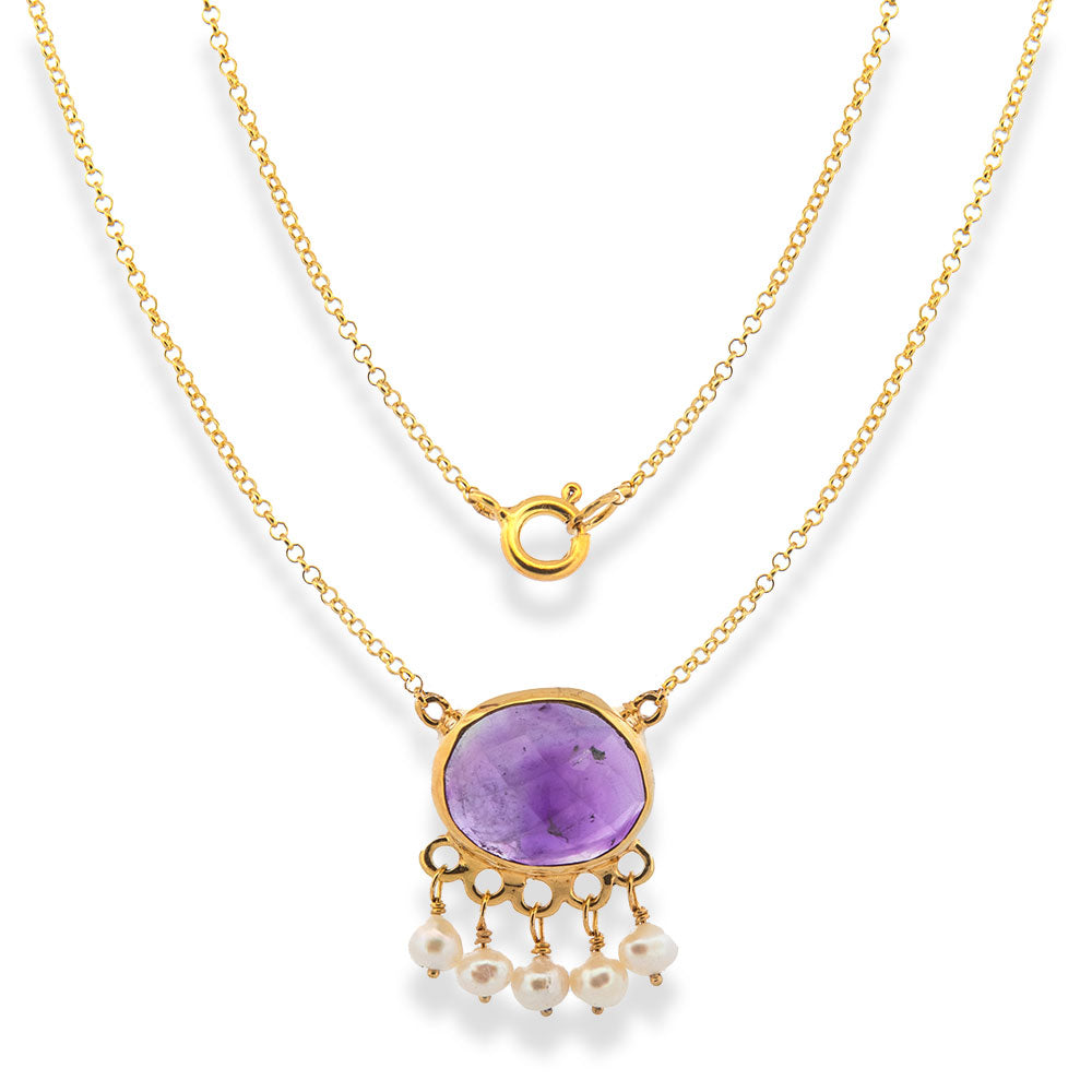 Handmade Short Gold Plated Silver Chain Necklace With Amethyst & Pearls - Anthos Crafts