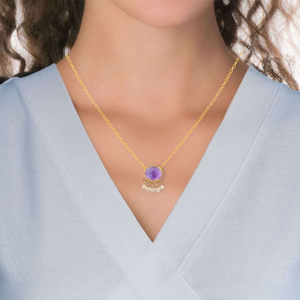 Handmade Short Gold Plated Silver Chain Necklace With Amethyst & Pearls - Anthos Crafts