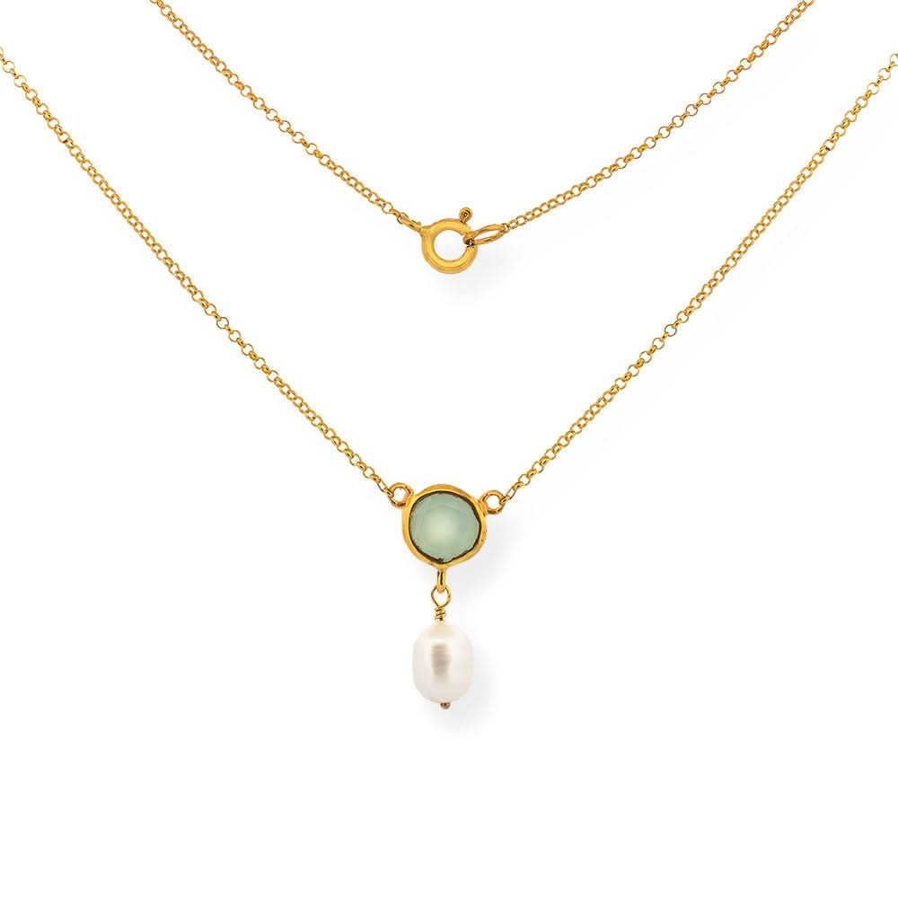 Handmade Short Gold Plated Silver Chain Necklace With Chalcedony & Pearl - Anthos Crafts