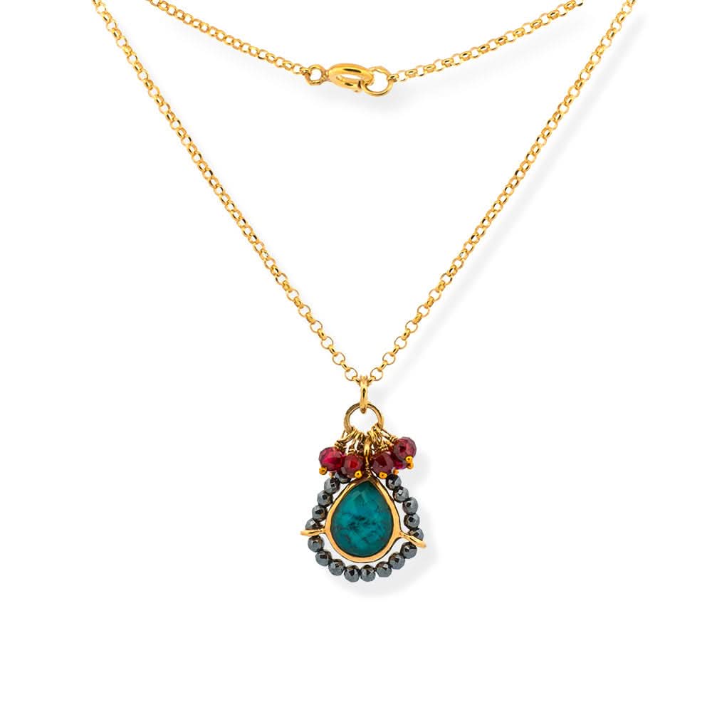 Handmade Short Gold Plated Silver Chain Necklace With Chrysocolla Quartz, Hematites & Rhodolites - Anthos Crafts