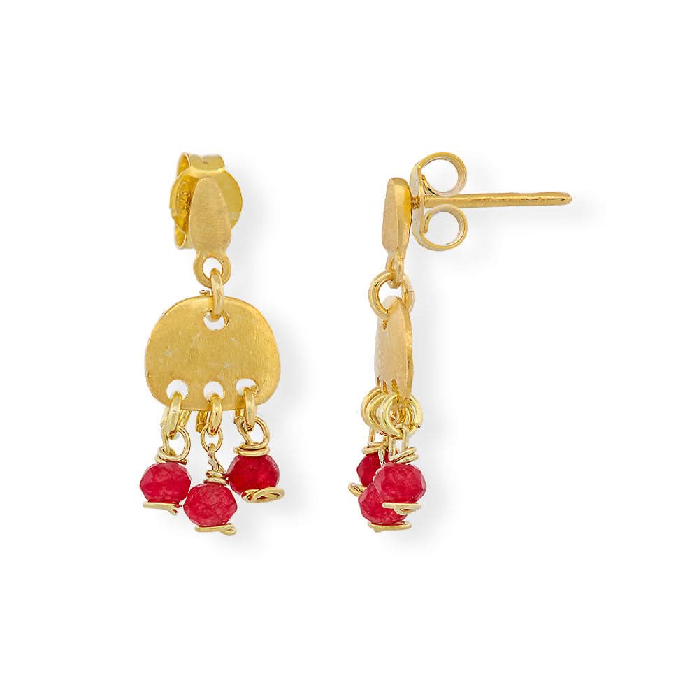 Handmade Gold Plated Silver Earrings With Dark Pink Agate - Anthos Crafts