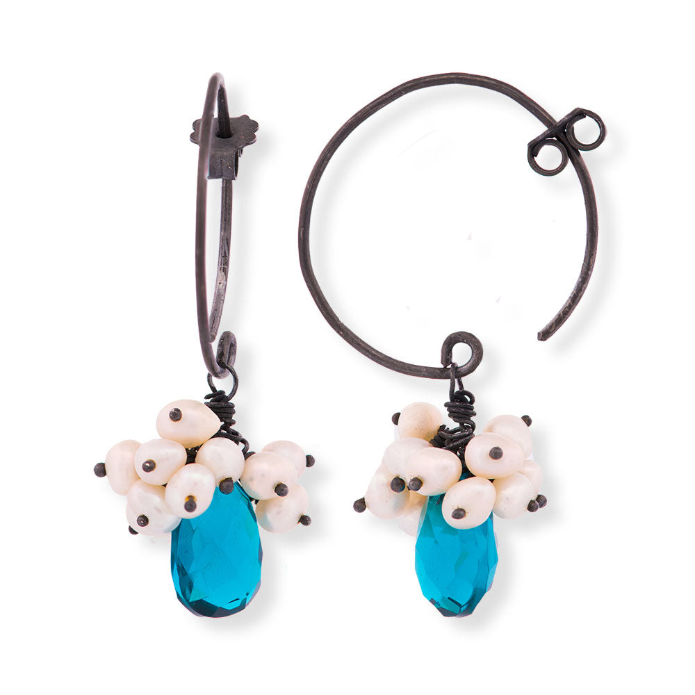 Handmade Black Plated Silver Earrings With Blue London Quartz & Pearls - Anthos Crafts