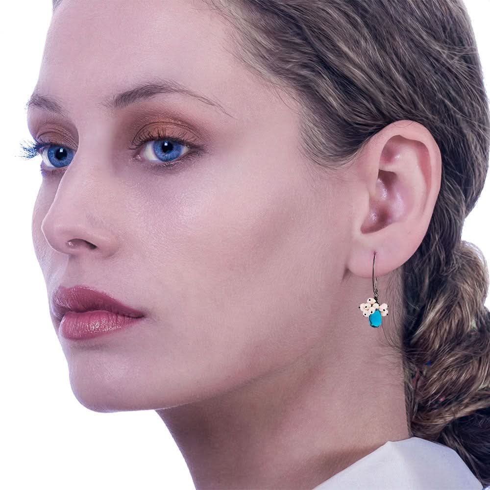 Handmade Black Plated Silver Earrings With Blue London Quartz & Pearls - Anthos Crafts