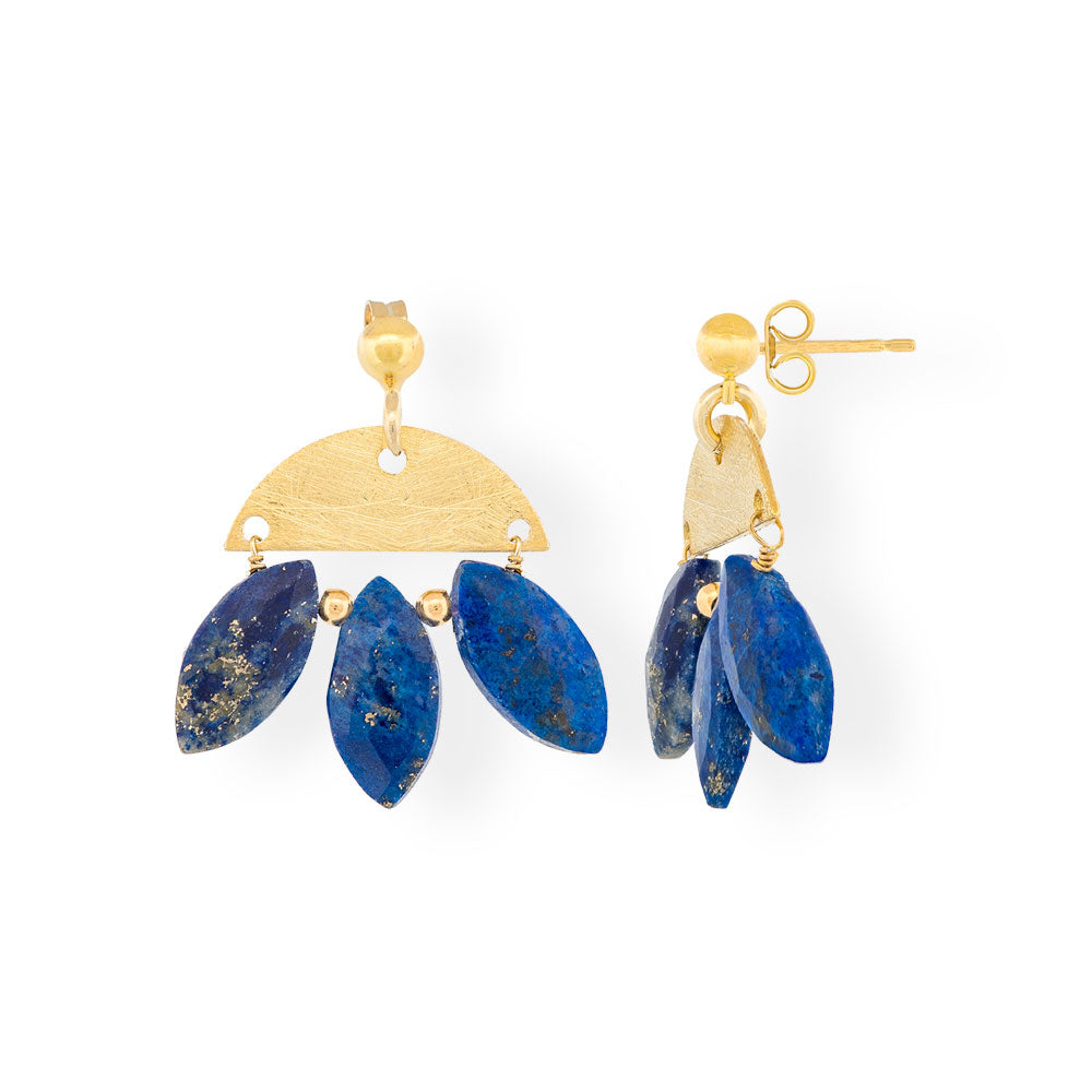 Handmade Gold Plated Silver Dangle Earrings With 3 Lapis Stones - Anthos Crafts