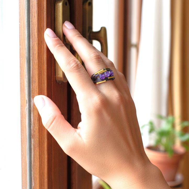 Handmade Black Wire Ring With Amethyst & Hematite - Anthos Crafts