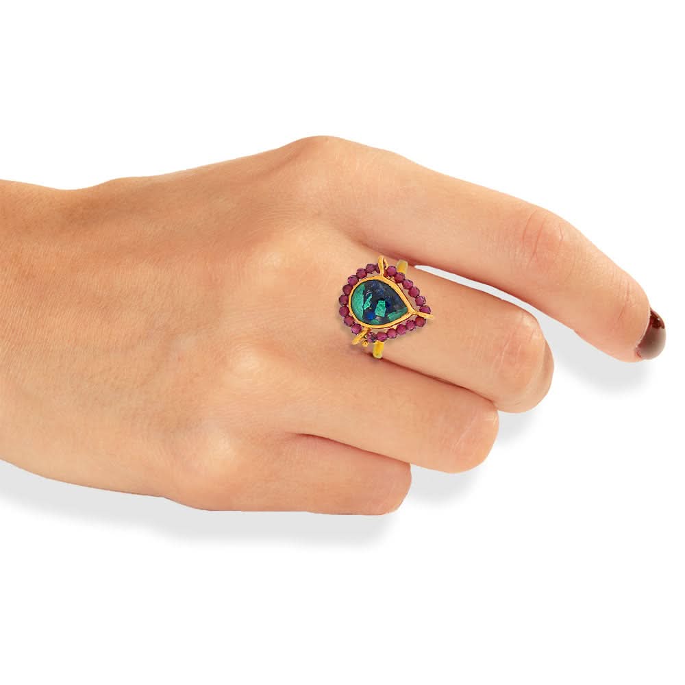 Handmade Gold Plated Silver Ring With Azurmalachite & Rhodolites - Anthos Crafts