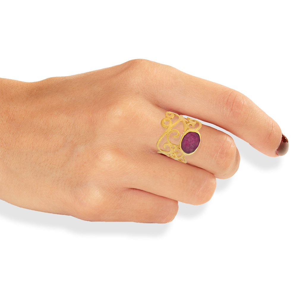 Handmade Gold Plated Silver Ring With Ruby Quartz