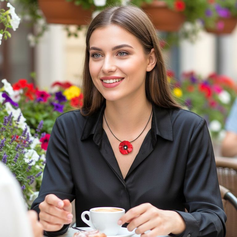 Handmade Silver Impressive Red Poppy Short Choker Necklace - Anthos Crafts