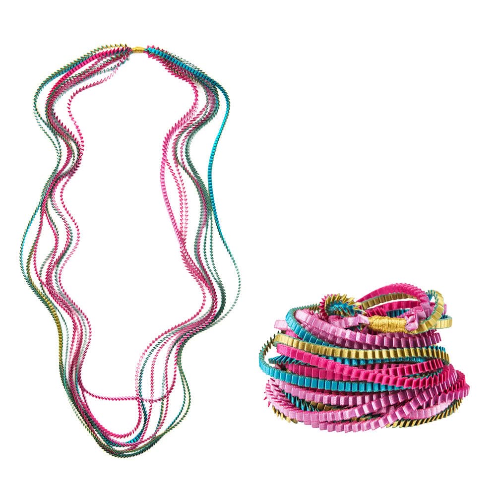 Satin Pleated Necklace Essilp Gold Turquoise Fuchsia Pink KL325 - Anthos Crafts