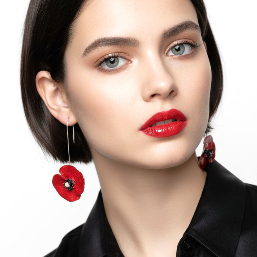 Handmade Sterling Silver Red Poppy Flower Impressive Drop Earrings - Anthos Crafts