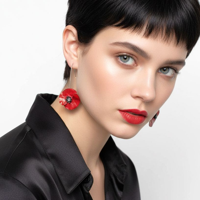 Handmade Sterling Silver Red Poppy Flower Impressive Drop Earrings - Anthos Crafts