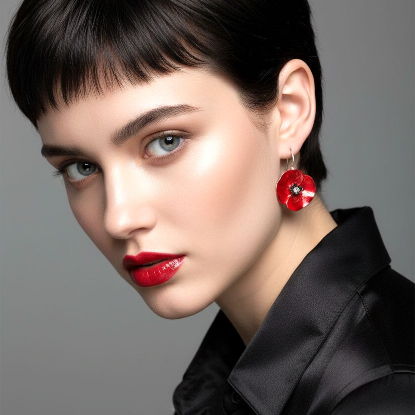 Handmade Silver Red Poppy Flower Impressive Short Drop Earrings - Anthos Crafts