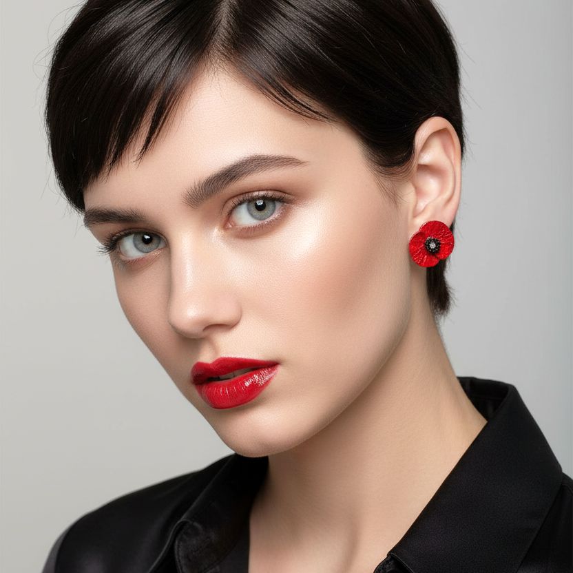 Χειροποίητα Ασημένια Καρφωτά Σκουλαρίκια Κόκκινες Παπαρούνες