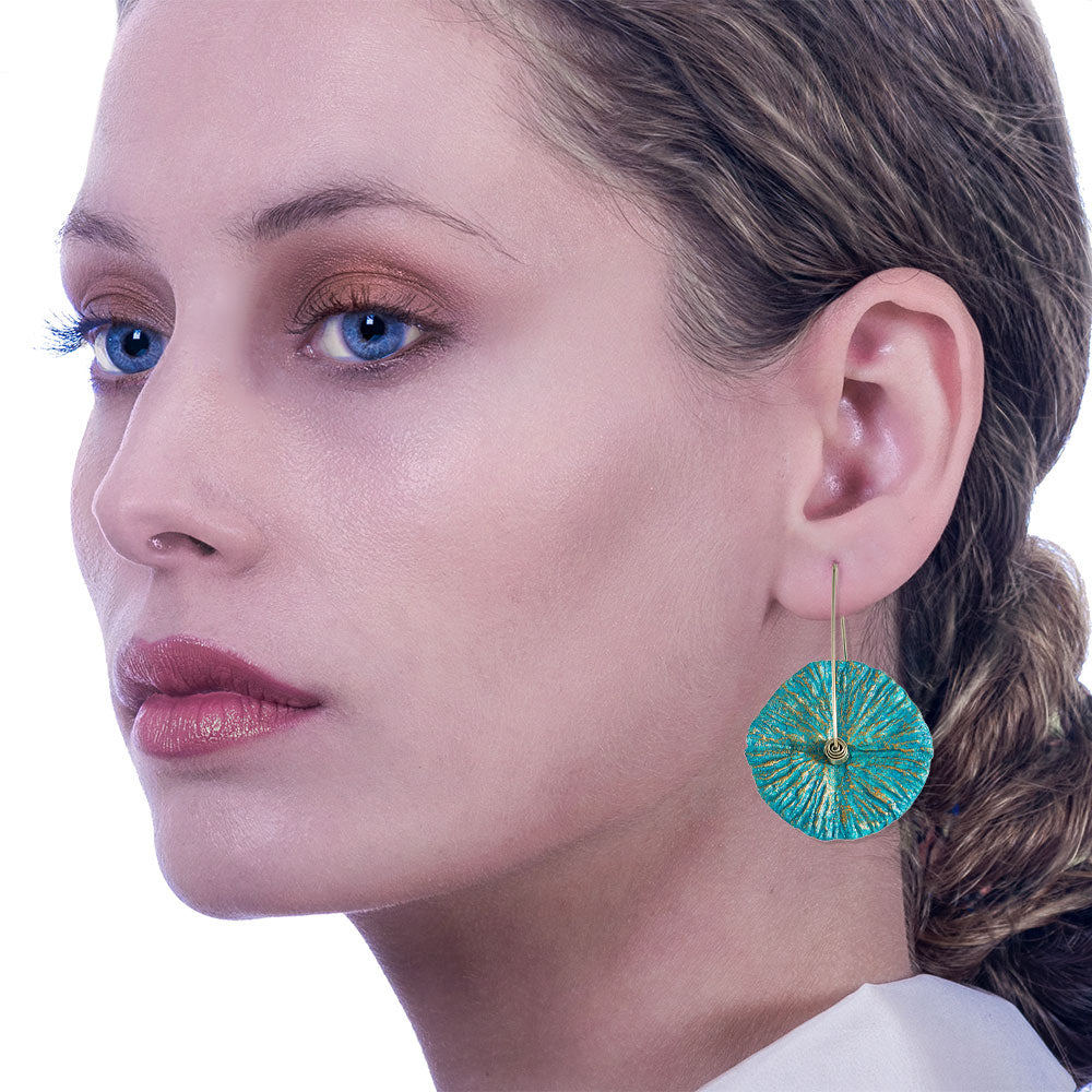 Handmade Flower Earrings Made From Papier-Mâché Turquoise & Gold Patina - Anthos Crafts