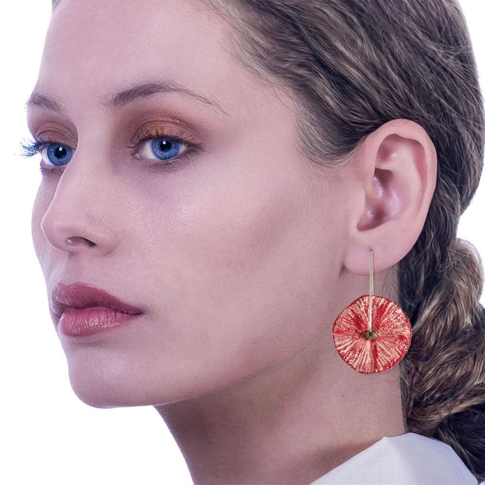 Handmade Flower Earrings Made From Papier-Mâché Magenta Ecru - Anthos Crafts