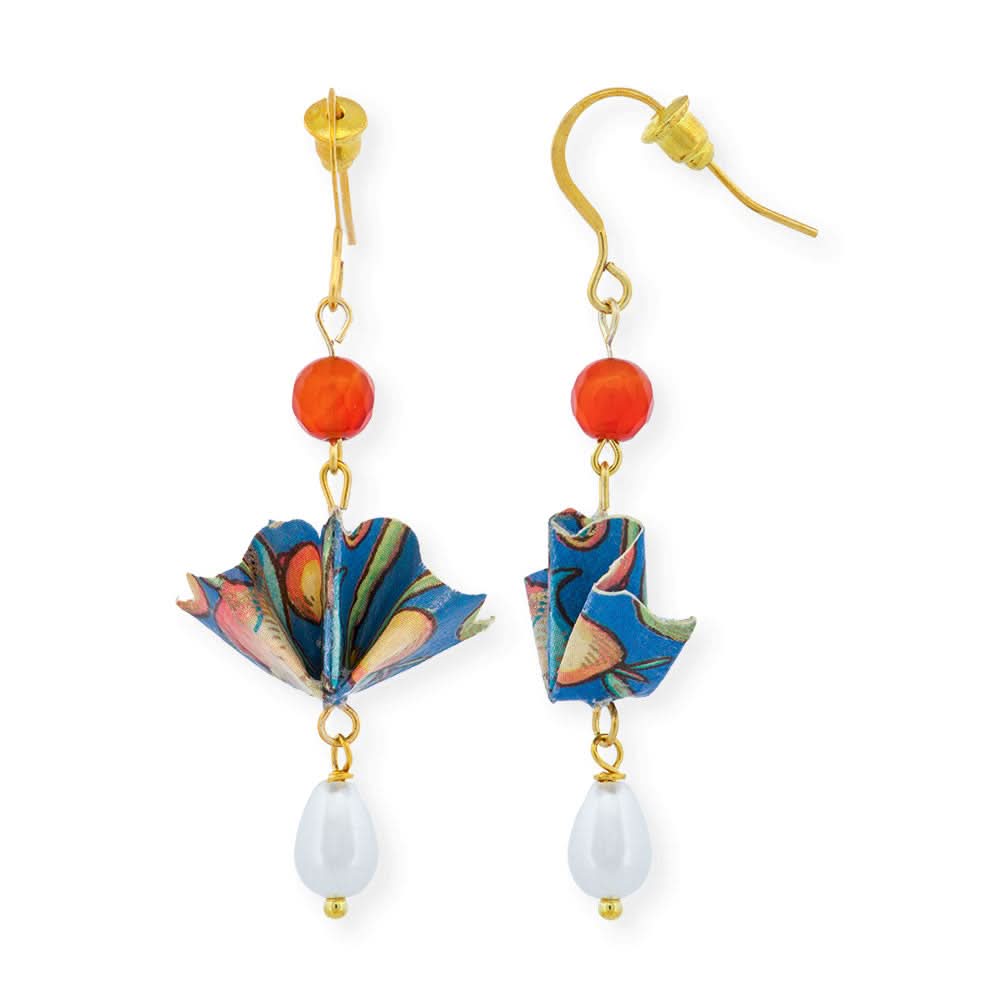 Origami Earrings Sky Blue Small Fans With Gemstones - Anthos Crafts