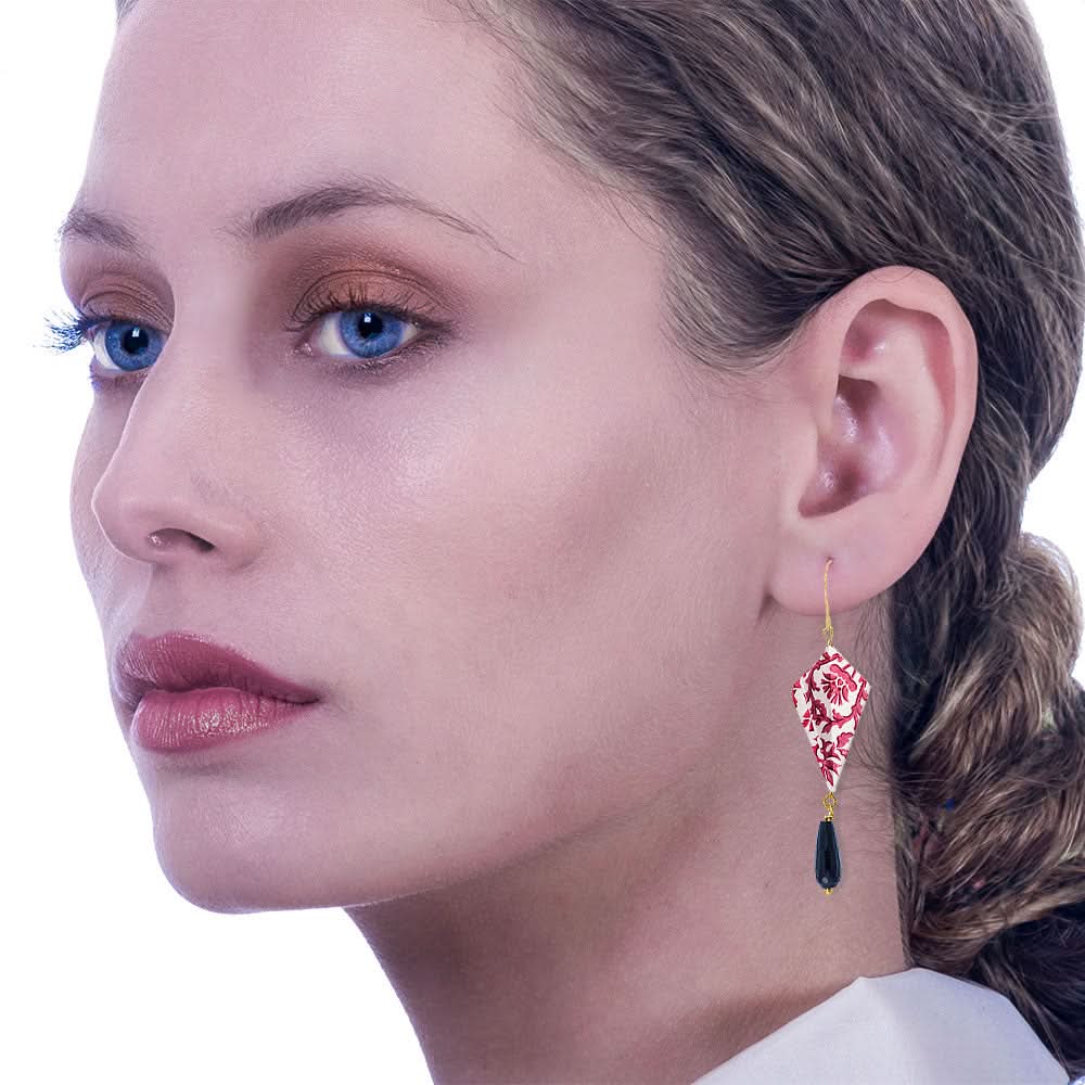 Origami Earrings Cherry Red Diamonds With Gemstones - Anthos Crafts
