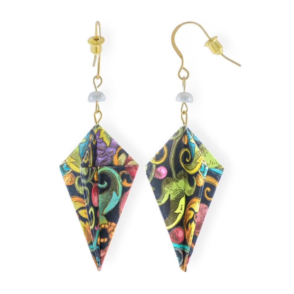 Origami Earrings Black Green Red Diamonds With Pearls - Anthos Crafts