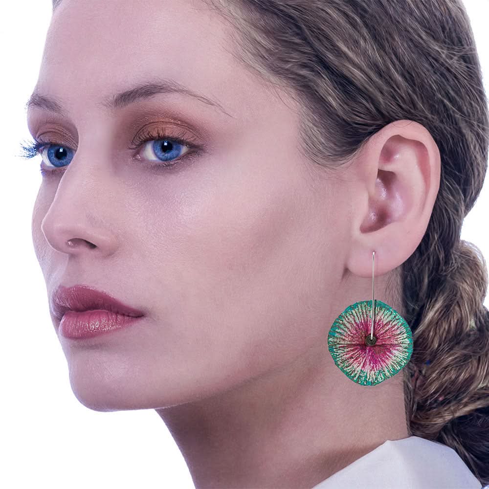 Handmade Flower Earrings Made From Papier-Mâché Turquoise Pink Patina - Anthos Crafts