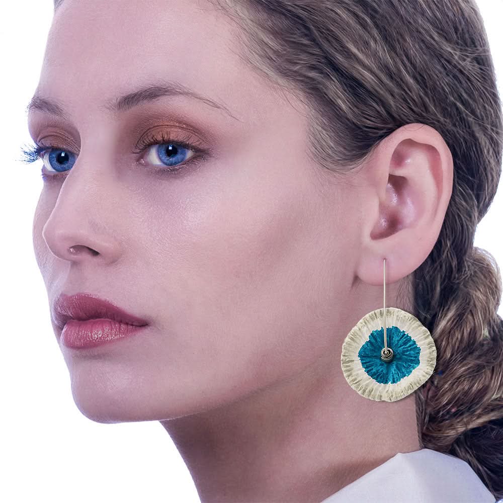 Handmade Flower Earrings Made From Papier-Mâché Turquoise Silver White - Anthos Crafts