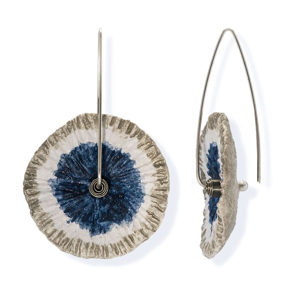 Handmade Flower Earrings Made From Papier-Mâché Navy Silver White - Anthos Crafts