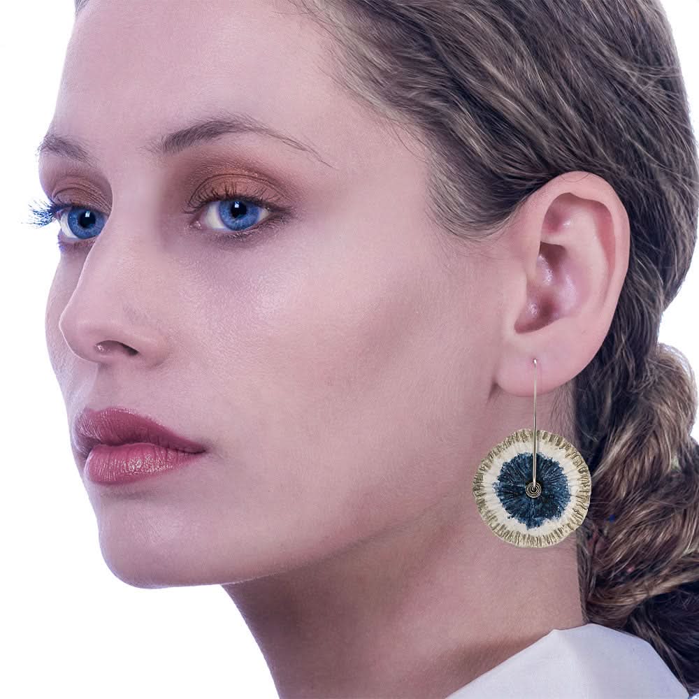 Handmade Flower Earrings Made From Papier-Mâché Navy Silver White - Anthos Crafts