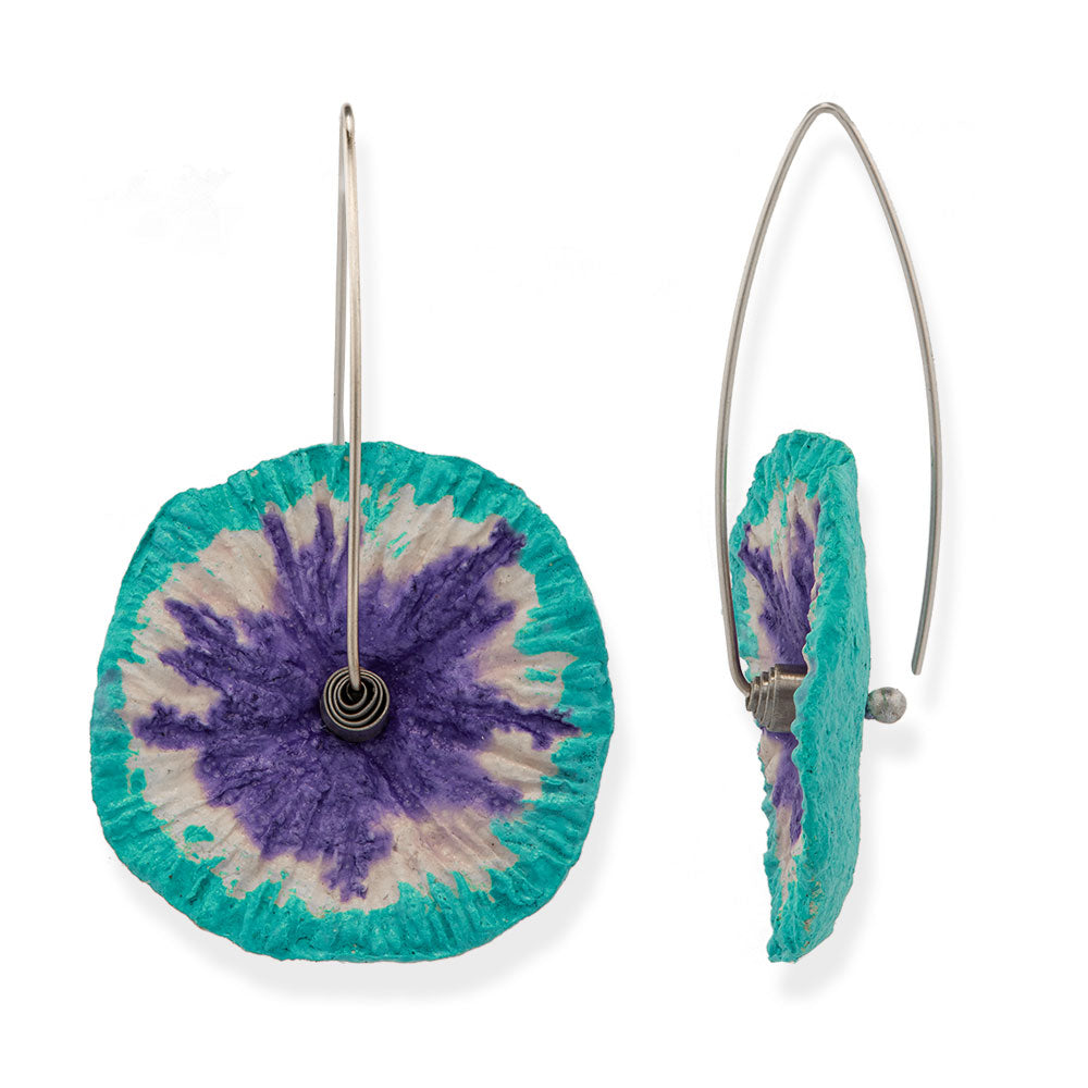 Handmade Flower Earrings Made From Papier-Mâché Turquoise Purple White - Anthos Crafts