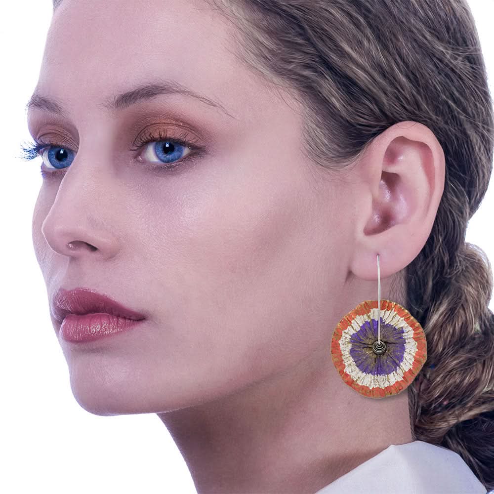 Handmade Flower Earrings Made From Papier-Mâché Coral White & Purple Patina - Anthos Crafts