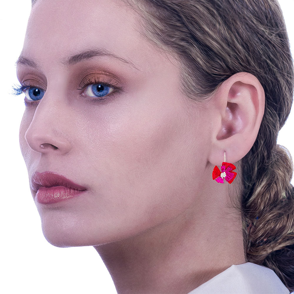 Handmade Silver Red Fuchsia Flower Dangle Earrings - Anthos Crafts