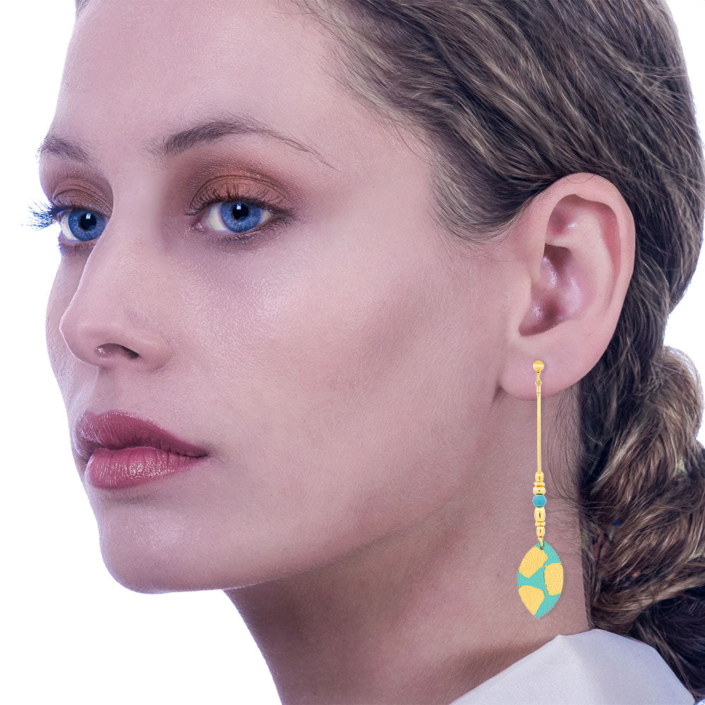Handmade Leather Turquoise Gold Long Leaf Earrings - Anthos Crafts