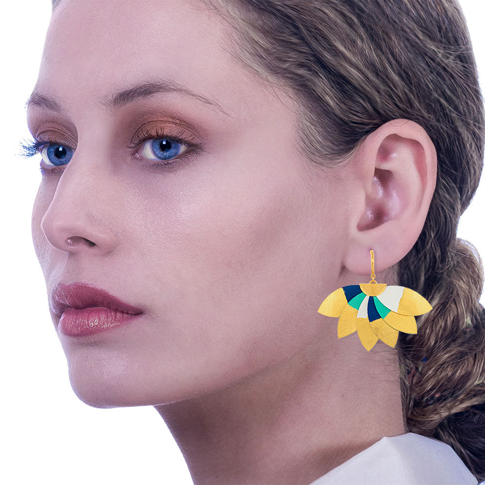Handmade Leather Turquoise Blue White Gold Plumeria Earrings - Anthos Crafts