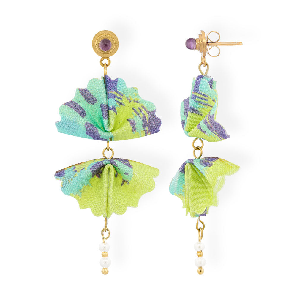 Origami Earrings Turquoise Yellow Double Fans With Amethyst & Pearls