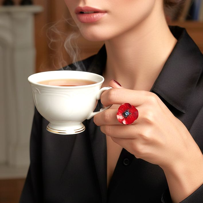 Handmade Sterling Silver Impressive Red Poppy Flower Ring - Anthos Crafts