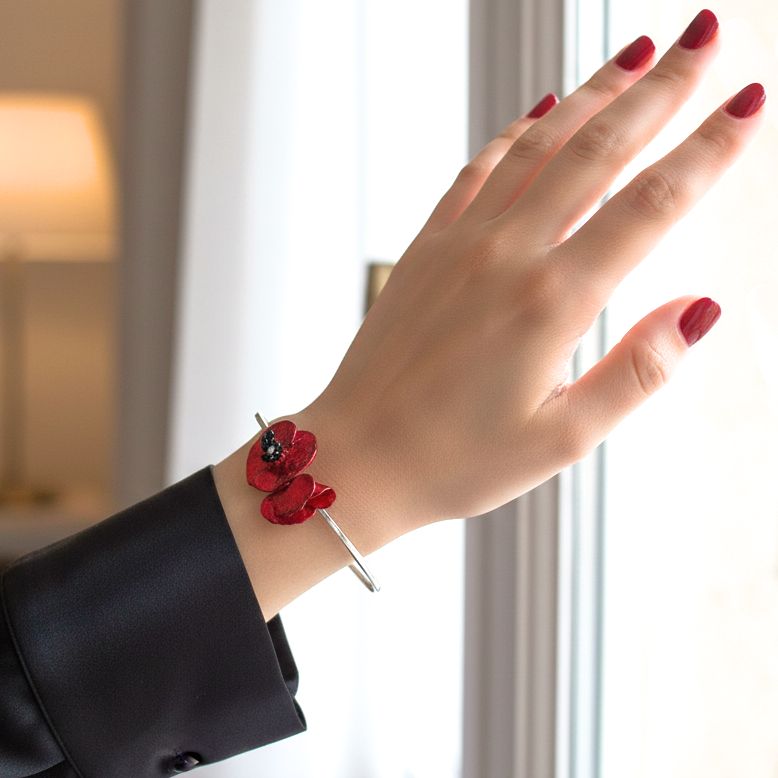 Handmade Silver Bracelet With Two Red Poppy Flowers - Anthos Crafts