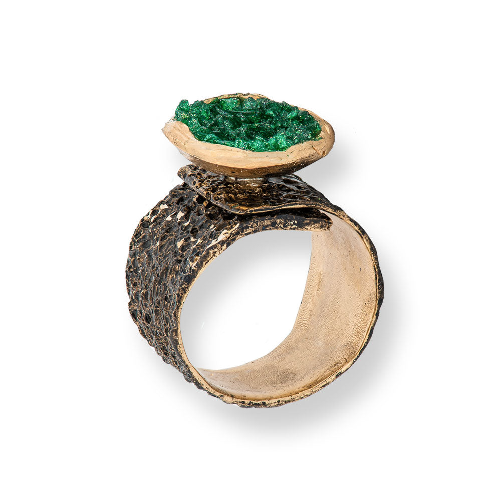 Handmade Black Plated Bronze Ring Diamond Curved With Dark Green Crystals - Anthos Crafts