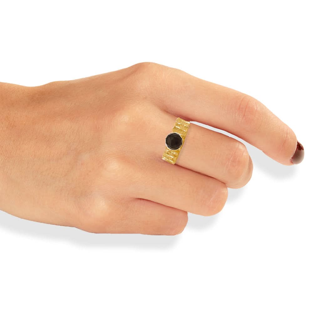 Handmade Gold Plated Silver Diamond Curved Ring With Black Crystal - Anthos Crafts