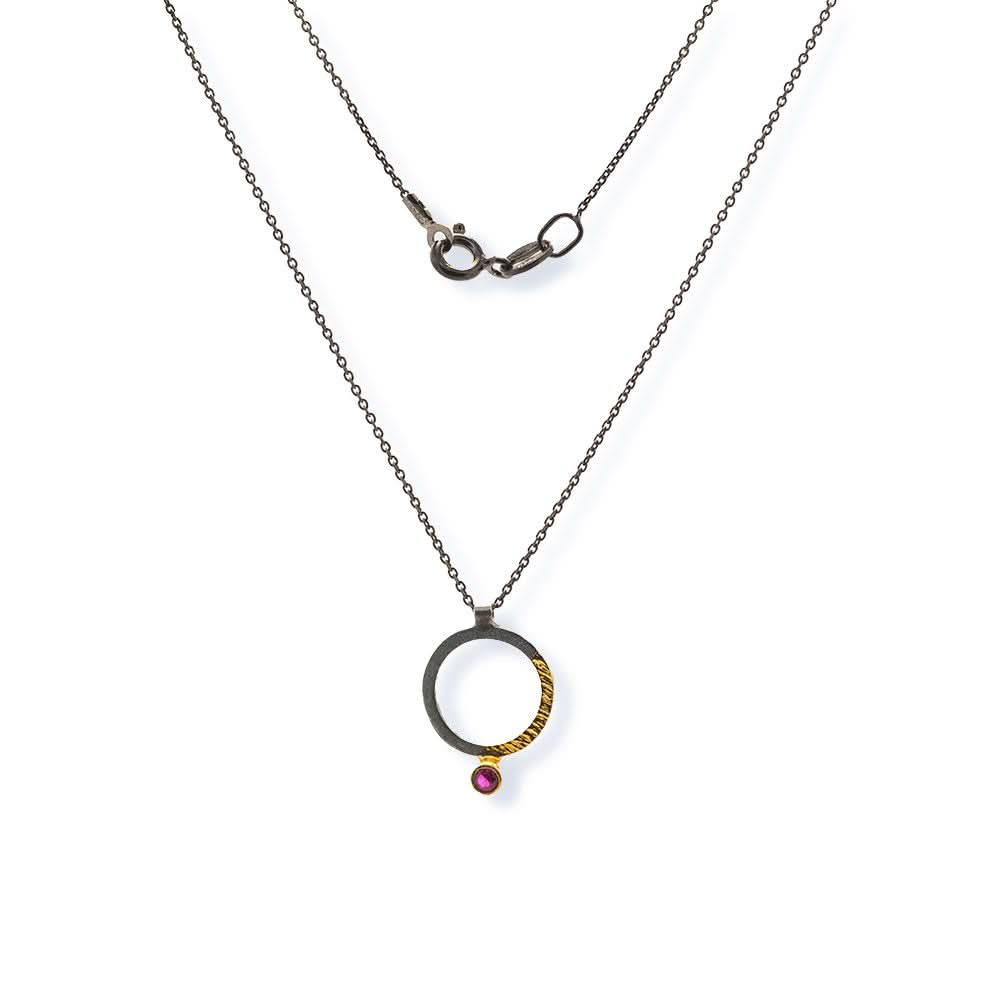 Handmade Black Plated Silver Necklace Little Circle With Red Zircon - Anthos Crafts