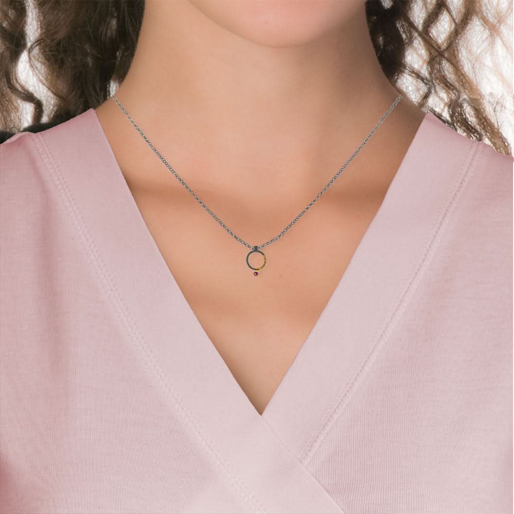Handmade Black Plated Silver Necklace Little Circle With Red Zircon - Anthos Crafts