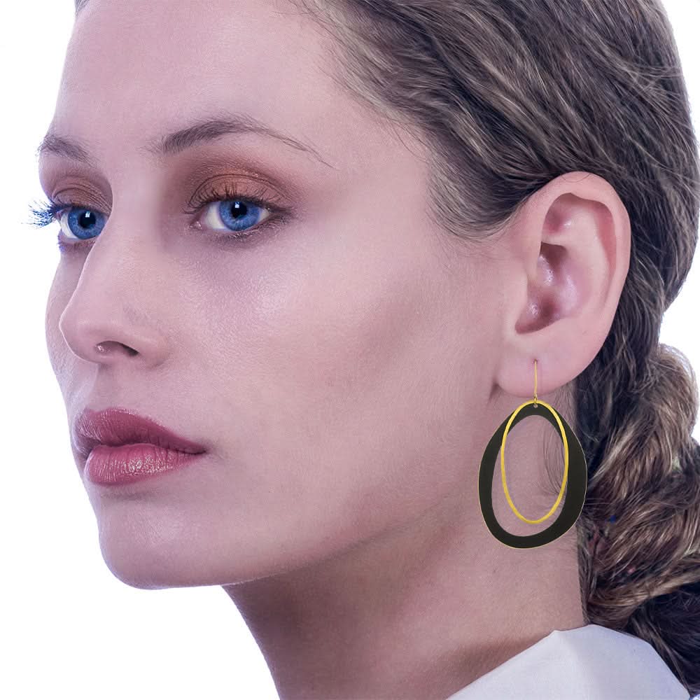 Handmade Gold Plated Oval Black Hook Earrings Alchemy - Anthos Crafts