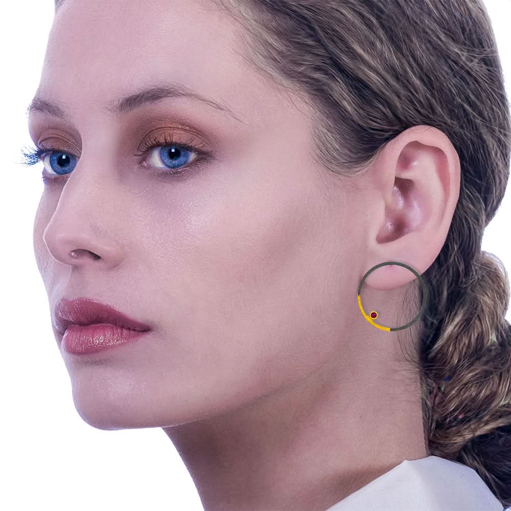 Handmade Gold & Black Plated Silver Stud Earrings Circles With Red Zircons - Anthos Crafts
