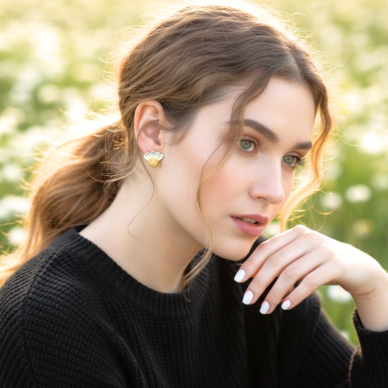 Handmade Gold Plated Silver Stud Earrings Half Wild Daisy - Anthos Crafts