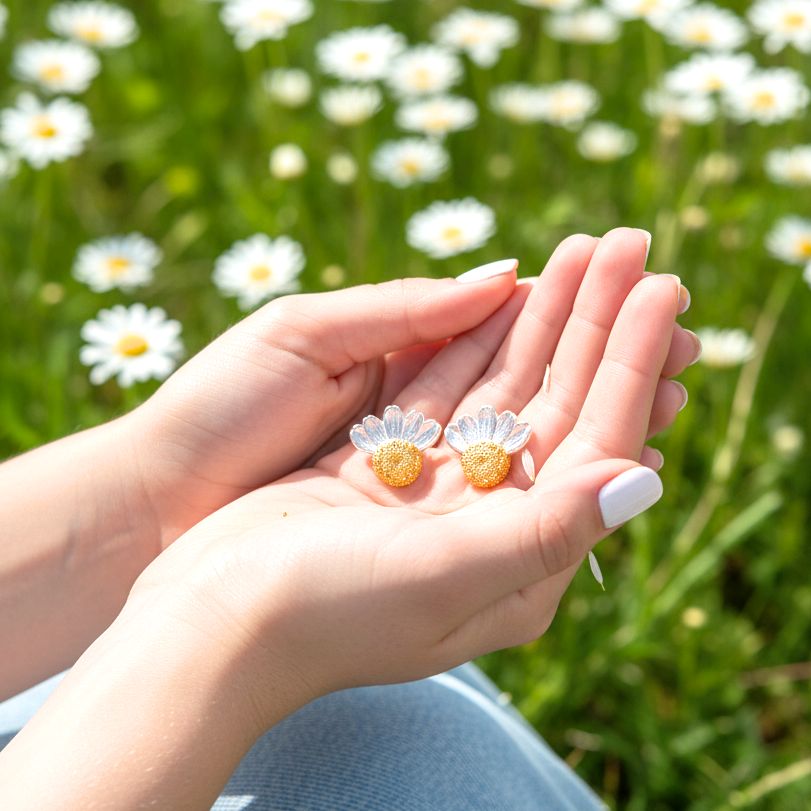 Handmade Gold Plated Silver Stud Earrings Half Wild Daisy - Anthos Crafts