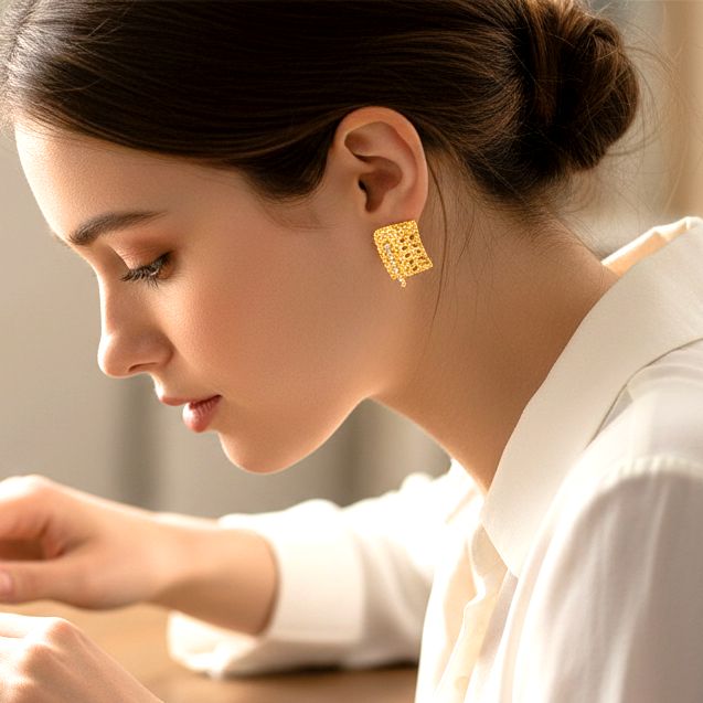 Handmade Gold Plated Silver Stud Earrings Rectangular With Zircons - Anthos Crafts