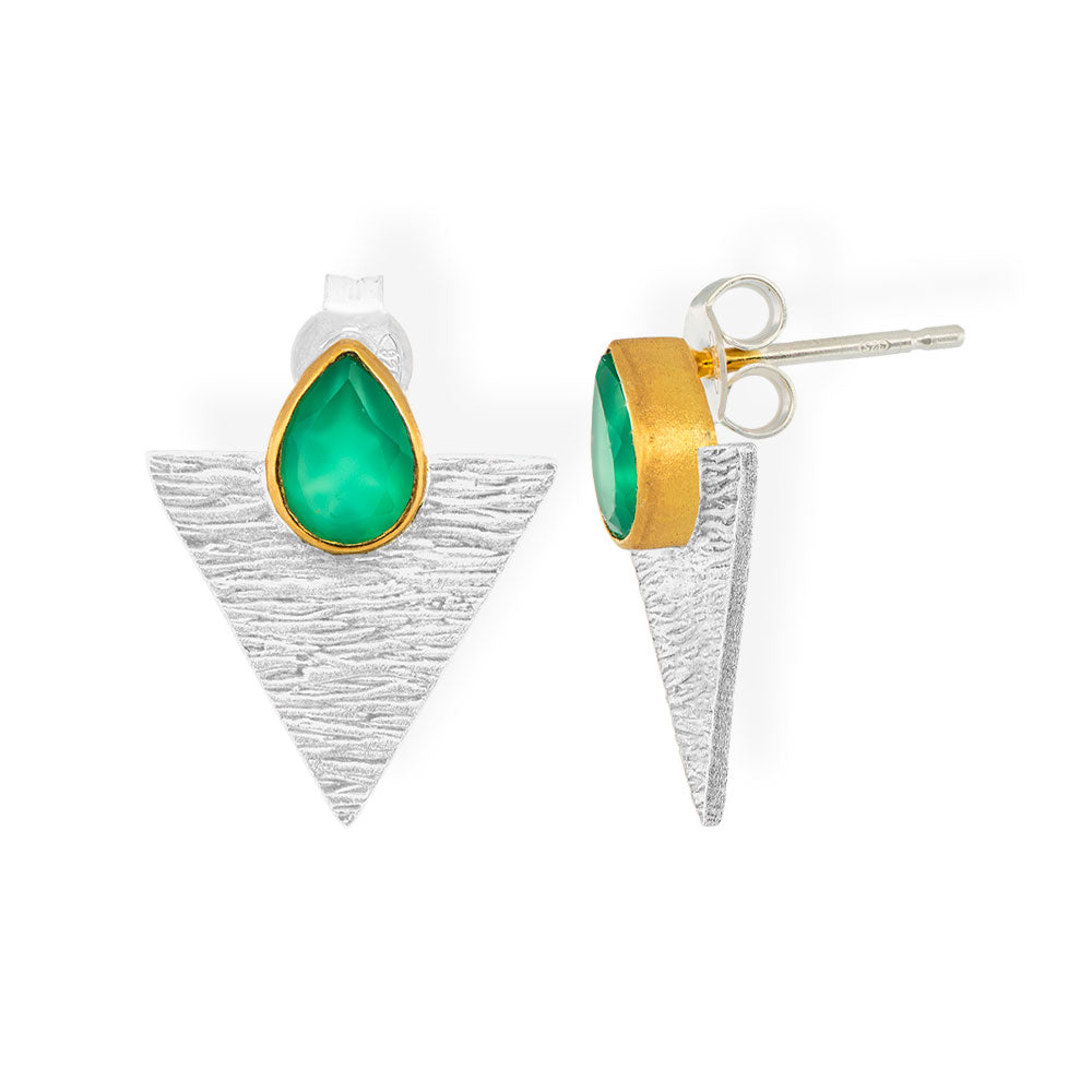 Handmade Gold & Black Plated Silver Stud Earrings Little Triangles With Green Agate