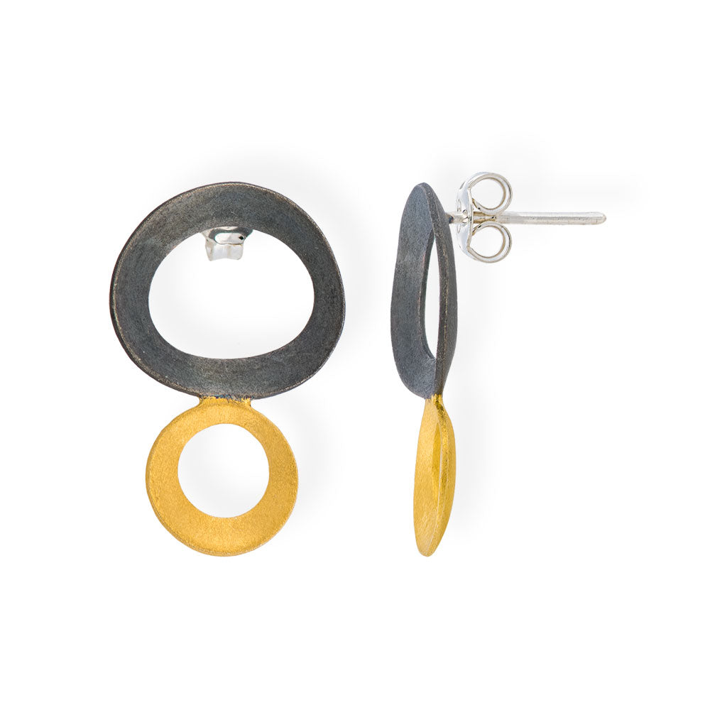 Handmade Gold & Black Plated Silver Stud Earrings Double Irregular Circles - Anthos Crafts