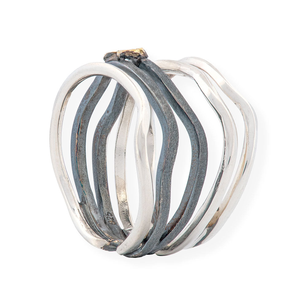 Handmade Silver & Black Silver Ring With 5 Rows and Gold Star - Anthos Crafts