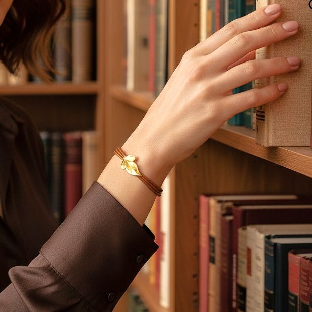 Χειροποίητο Δερμάτινο Βραχιόλι Επίχρυσο Ασημένιο Φύλλο από Γιασεμί