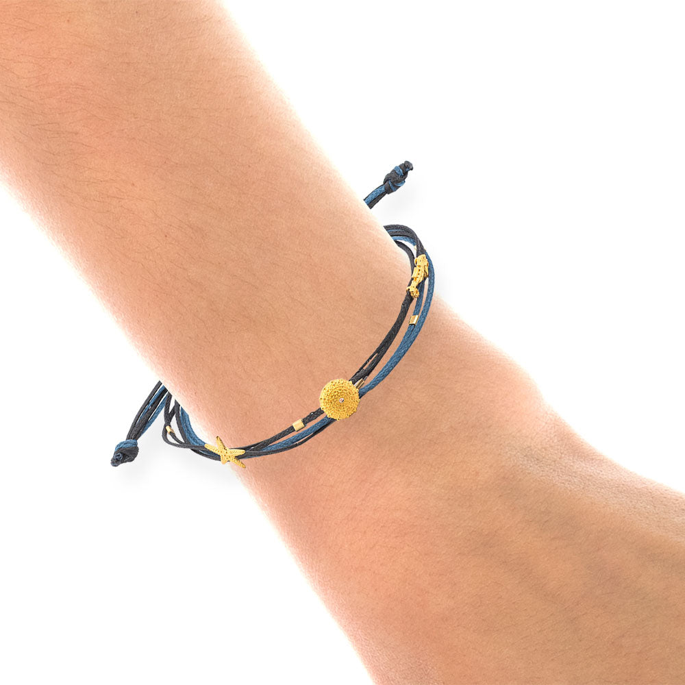 Handmade Navy Bracelet with Gold Plated Silver Urchin, Star & Hippocampus - Anthos Crafts