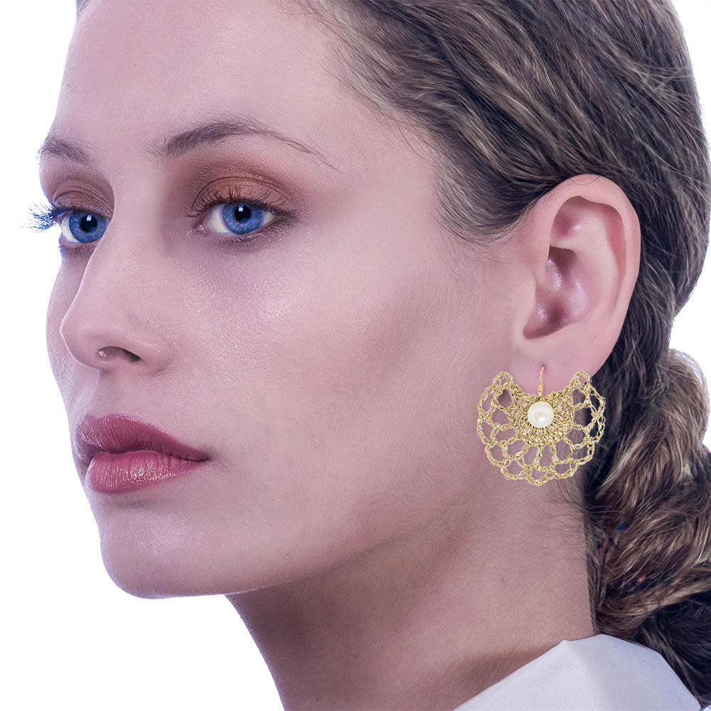 Handmade Gold Plated Crochet Earrings Fans With Pearls - Anthos Crafts